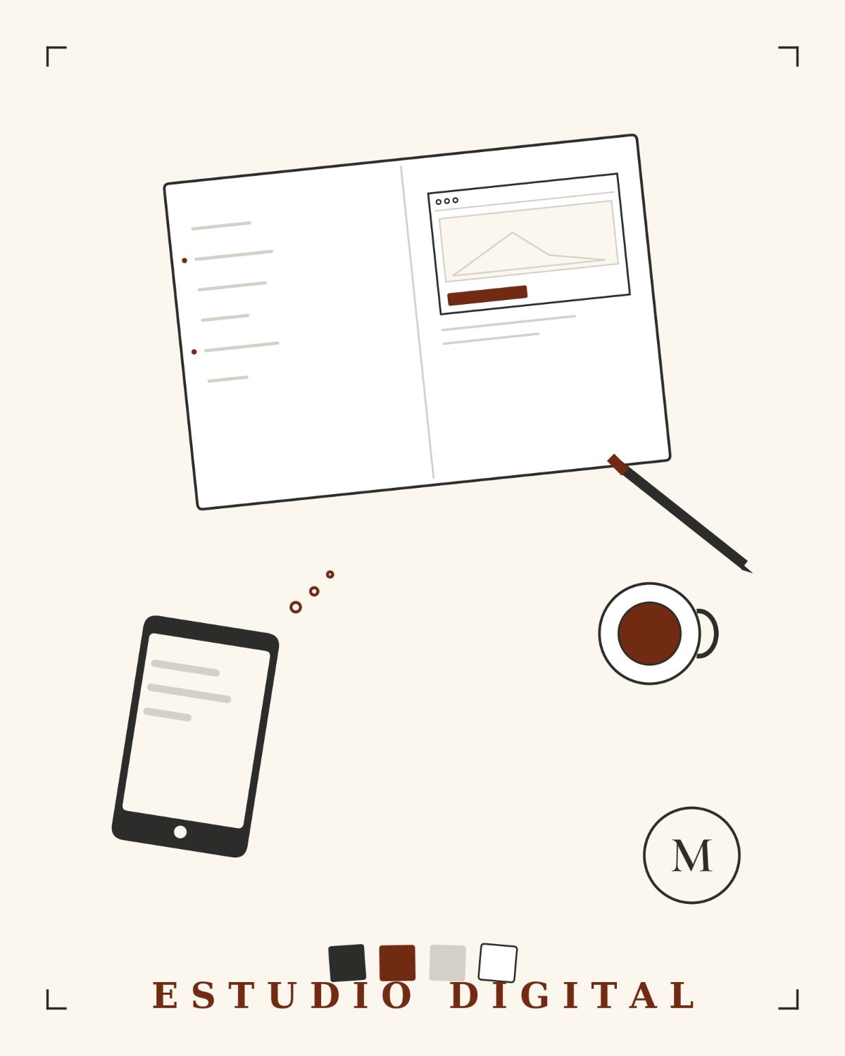 Escritorio de A mano alzada: cuaderno con el boceto de una web, teléfono, café y la paleta de color de la marca
