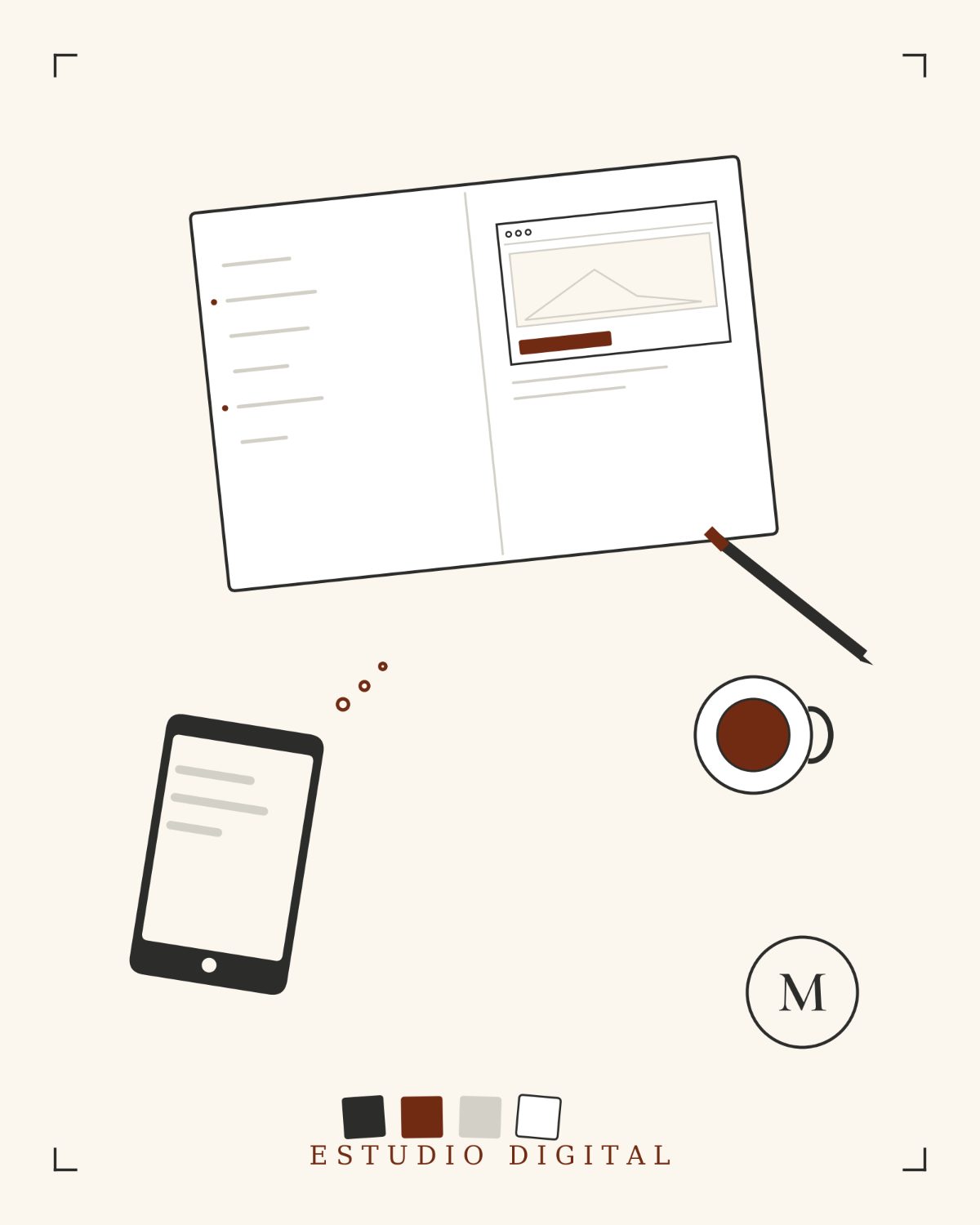 Escritorio de A mano alzada: cuaderno con el boceto de una web, teléfono, café y la paleta de color de la marca